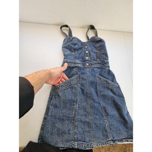 Japan Dress Womens Small Blue Cotton Denim Micro Mini Sweatheart Neckline Y2K - Picture 7 of 10